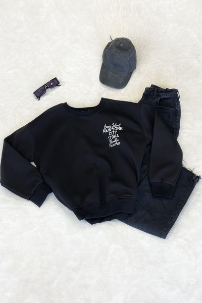 Crep Textile Processing Sweatshirt with Elastic Hem - Black Black