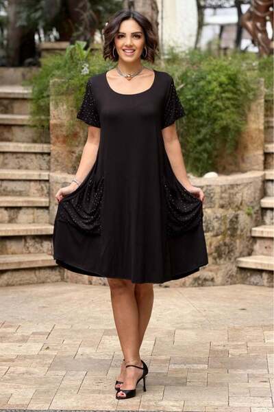 Nevin Kaya Moda Black Stone Bag Pocket Dress