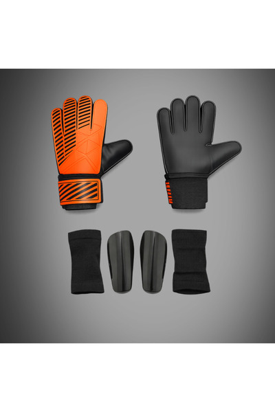unes Nk Logo Orange Goalkeeper Gloves + Black Shin Guard Football Set