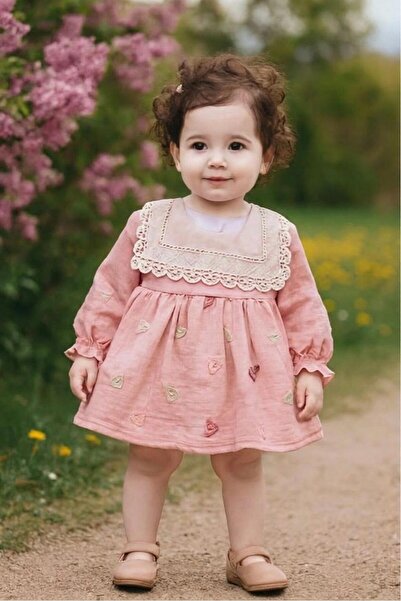 Miniminnakkidswear Kız bebek kalp detaylı müslin elbise 6-24 ay