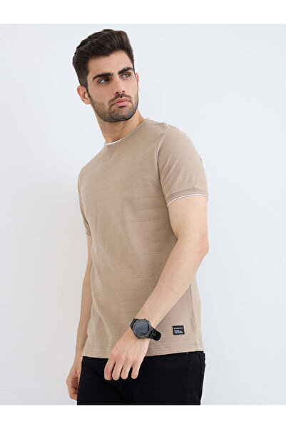 STATUS QUO Textured Regular Fit Round Neck Beige T-shirt