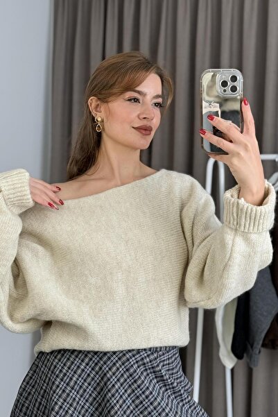 Raneel Kazançlı Alışveriş Women's Wide Collar Bat Sleeve Knitwear Sweater Beige