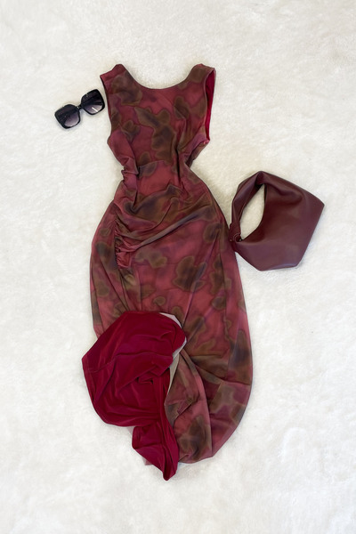 Mistix Back Low-Cut Detail Draped Tulle Dress - Burgundy Bordo