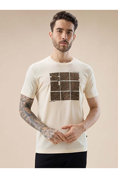 STATUS QUO Rubberized Chest Print Regular Fit Beige T-shirt
