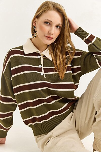 Raneel Kazançlı Alışveriş Women's Striped Button Polo Collar Women's Knitwear...