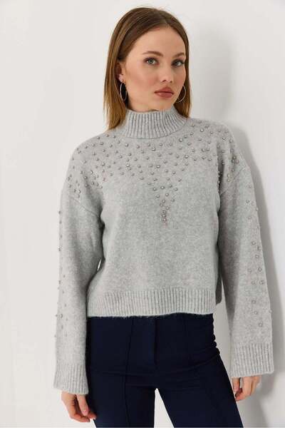 Raneel Kazançlı Alışveriş Women's turtleneck knit sweater with stone and pear...