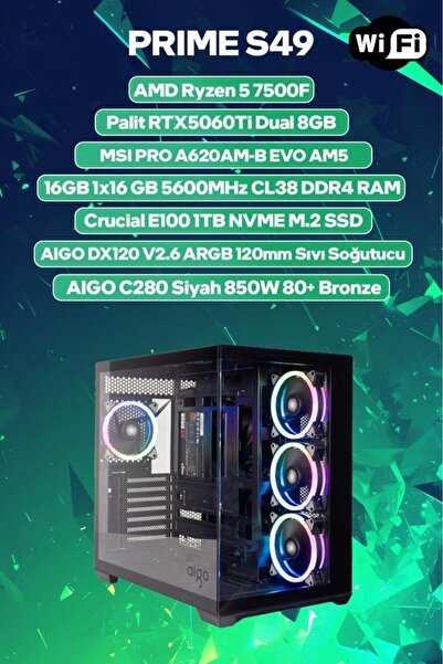 Game Garaj Prime S49 AMD R5 7500F 16GB RAM 1TB SSD RTX5060Ti 8GB 120mm Sıvı S...
