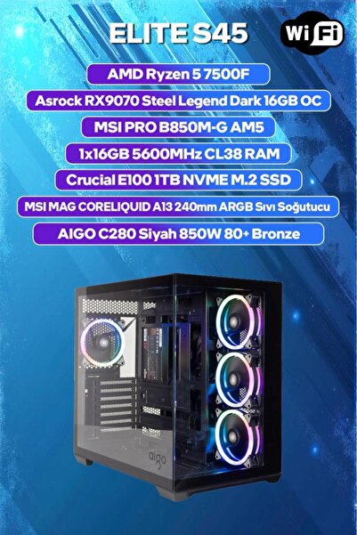 Game Garaj Elite S45 AMD R5 7500F 16GB RAM 1TB SSD RX9070 240mm Sıvı Soğt Fre...