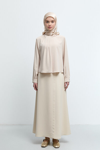 Tuğba Yakadan Kırma Detaylı Bluz - Bej