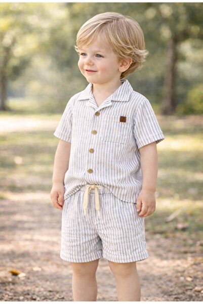 Dirkje Boys 2 Pc Set "Blue-Stripe Seersucker Shirt & Shorts Set