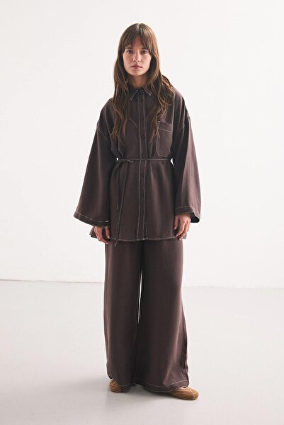 Hooopstore Seam Detail Comfortable Brown Pants Set