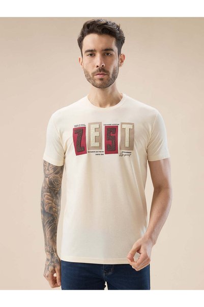 STATUS QUO Rubberized Typography Print Regular Fit Beige T-Shirt