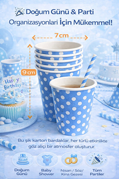 Owersea 4'lü Mavi Puantiyeli Karton Bardak 8 oz Parti Bardak Doğum Günü Baby ...