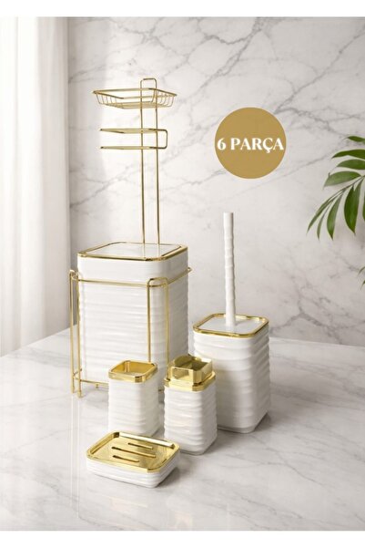 Store HGY Home Gold Yedekli Wc Kağıtlık ve Desenli Kırık Beyaz 6 Parça Banyo ...