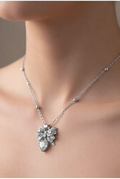 stainless steell Silver Color Bow White Heart Model Ball Chain Steel Necklace
