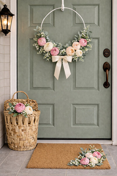 ecrella 3’lü Kapı Süsü Seti – Çiçekli Kapı Çelengi, Dekoratif Hasır Sepet ve ...