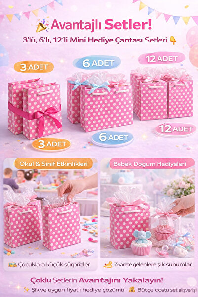 Owersea Hediye Çantası 12x17 cm Pembe Puantiyeli Karton Hediye Poşeti Doğum G...