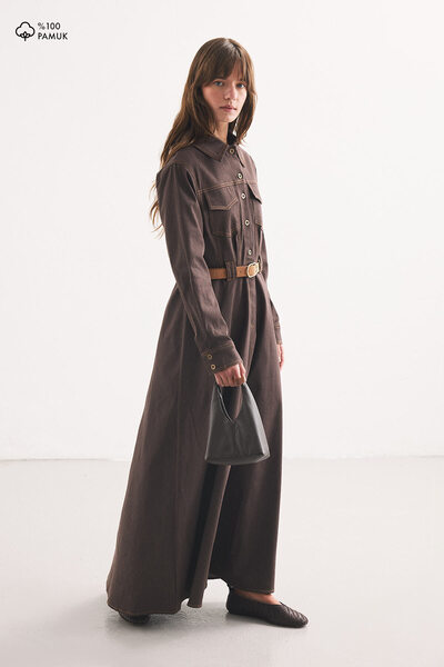 Hooopstore Denim Look Belt Piece Bitter Brown Dress