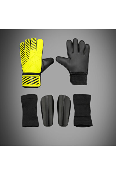 unes Nk Logo Phosphor Yellow Goalkeeper Gloves + Black Shin Guard Football Set