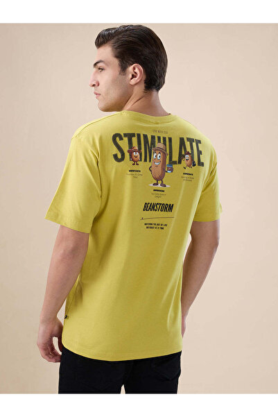 STATUS QUO تيشيرت أخضر ليموني كبير الحجم مطبوع عليه حروف بارزة على الظهر