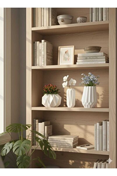 M&C Concept El Yapımı Taş Tozu 3’lü Geometrik Vazo Seti – Modern Dekoratif Sa...