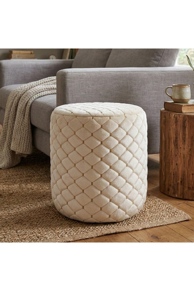 Ratemo Mobilya Krem Luna Kumaş Tekerlekli Puf Tabure – 5 Tekerlekli Makyaj Ma...