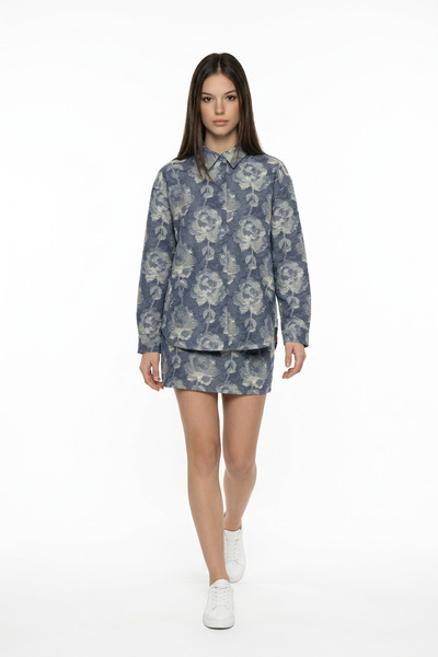 LEVURE Gül Desenli Oversize Gömlek BLUE