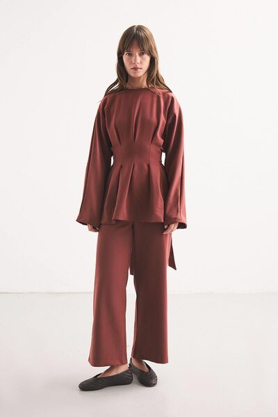 Hooopstore Pile Detailed Blouse and Earth Trousers Set