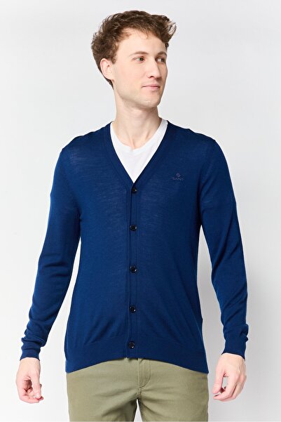 Gant Men Split Neck Knitted Cardigans, Navy Blue