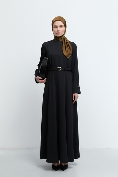 Tuğba Kaplama Düğme Detaylı Elbise - Siyah