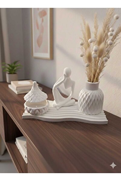 M&C Concept El Yapımı Taş Tozu 4’lü Dekoratif Obje Seti – Tepsi, Biblo, Mumlu...