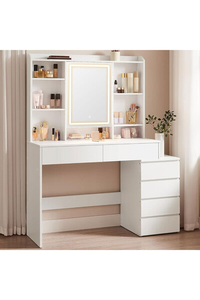 VASAGLE Masă de toaletă cu oglindă, iluminare LED reglabilă, 6 sertare, 118x4...