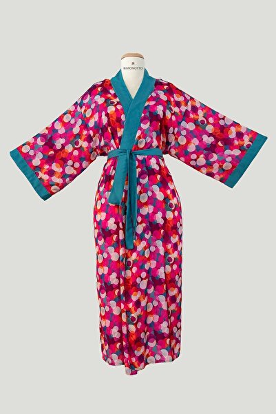 KİMONOTTO Pembe Puanlı Turkuaz Detaylı Kimono Sabahlık