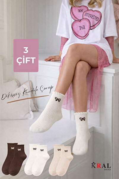 KRAL SOCKS 3 Pairs of Women's Cotton Pack Ribbon Patterned Stitch-Free Bootie...