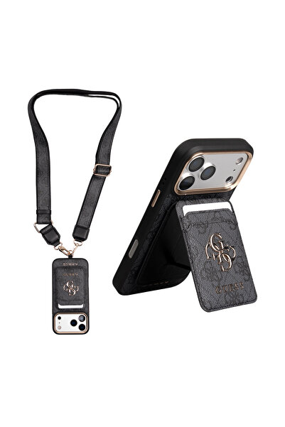 Guess iPhone 17 Pro Licensed 4g and Text Logo Case + Card Holder + Strap Lany...