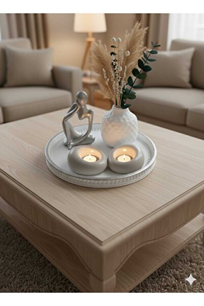 M&C Concept El Yapımı Taş Tozu Dekoratif Tepsi Seti – Biblo, Vazo ve Çift Mum...