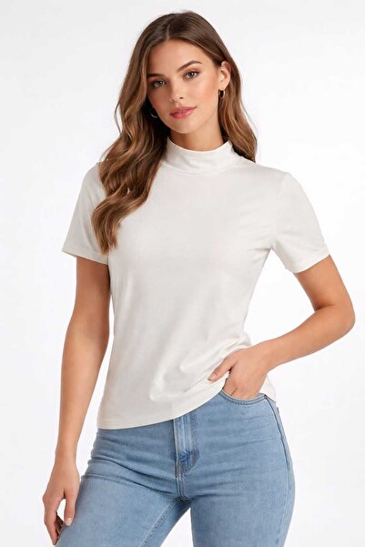 Kutaf Γυναικείο εκρού μπλουζάκι με μισό ζιβάγκο, βασικό κοντομάνικο μπλουζάκι...