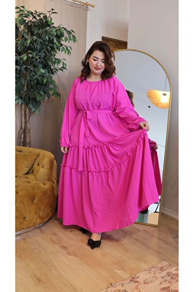 Store BÜYÜK BEDEN ŞIK ELBİSE PEMBE CANLI RAHAT KALIP