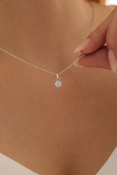 missamori 925 Ayar Gümüş Yuvarlak Zirkon Taşlı Tektaş Kolye