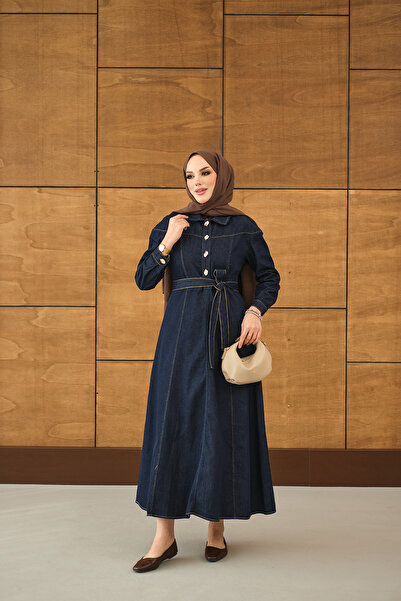 LOCCO Γυναικείο χρυσό φόρεμα τζιν με λεπτομέρεια στη μέση και μισό κουμπί Με ...