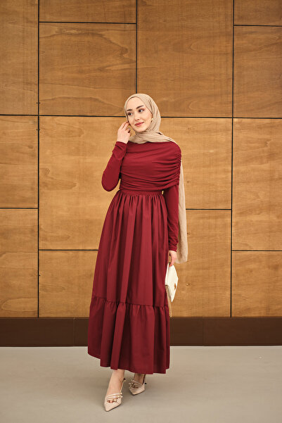 LOCCO Women's Ruched Detail Sandy Poplin Dress Claret Red