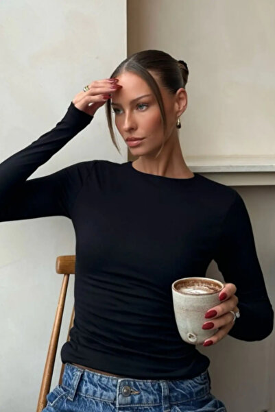 Ladima Women's Black Ultra Soft Stretchy Crew Neck Basic Blouse