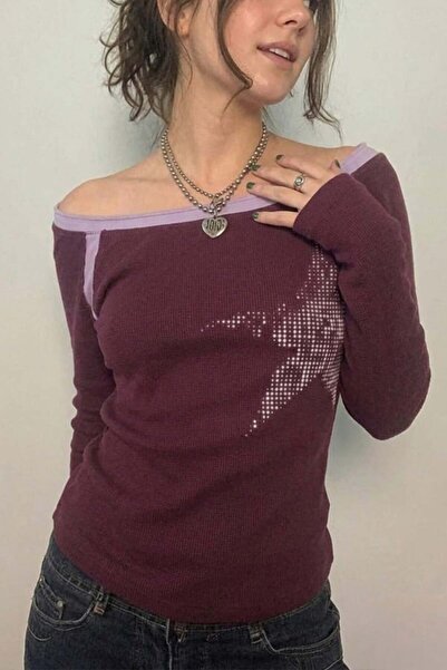 Köstebek Plum Star Off-Shoulder Patchwork Y2K Long Sleeve Crop