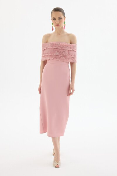 Carmen Pudra Düşük Omuz Kalem Krep Söz Elbisesi