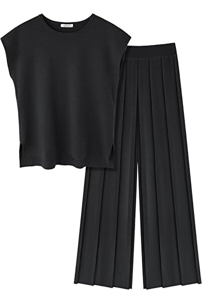 Arabest Women's casual suit, knitted cover-sleeved blouse and wide-leg pleate...