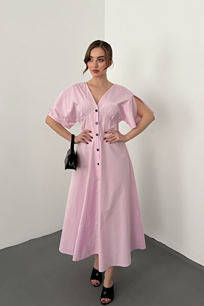 Elbee Fashion Woman Rochie roz cu nasturi lungime midi poplin