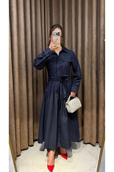 Maysa Poplin Shirt Dress with Sash Detail - Navy Blue