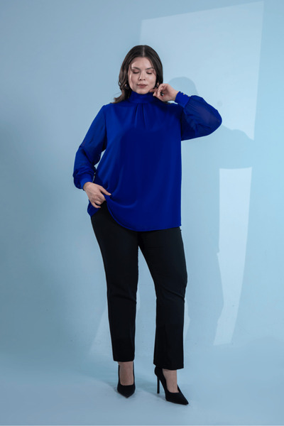 Roxxlen Plus Size Women's High-Neck Chiffon Blouse Cobalt