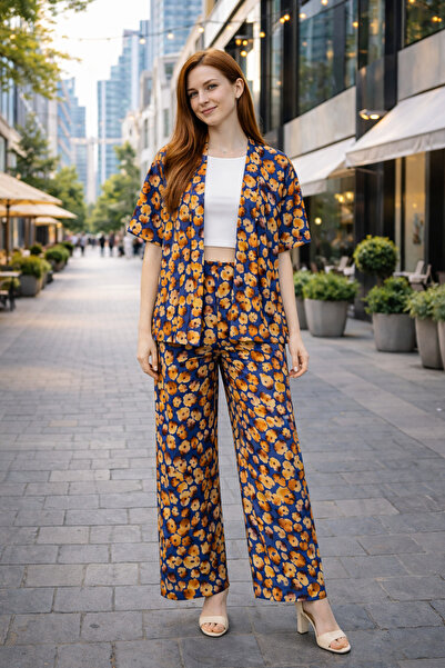 Clyfora Modern Floral Pattern Kimono Cropped Set