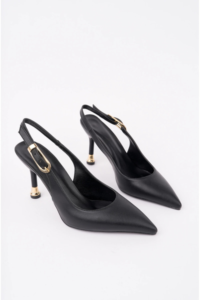 oless Women's Black Leather Buckle Pointed Stylish Heeled Stiletto Shoes